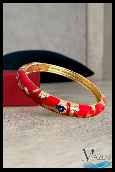 MAZEN Red Enamel Handcuff Bracelet |   Flower Motif |   Spring Bracelet |   Elegant Model Accessory