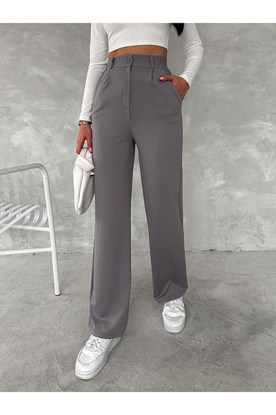 02Lady Fashion Pantaloni tricotați Palazzo plisați din Lycra cu închidere cu nasturi cu talie înaltă
