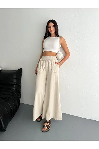 02Lady Fashion Gabardine Fabric Wide Leg Pants with Elastic Waist