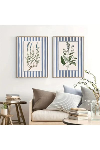 NT Handmade Set de 2 tablă cu model de flori cu dungi albastre, imprimare UV, cu rame din lemn natural, decor de perete modern și elegant