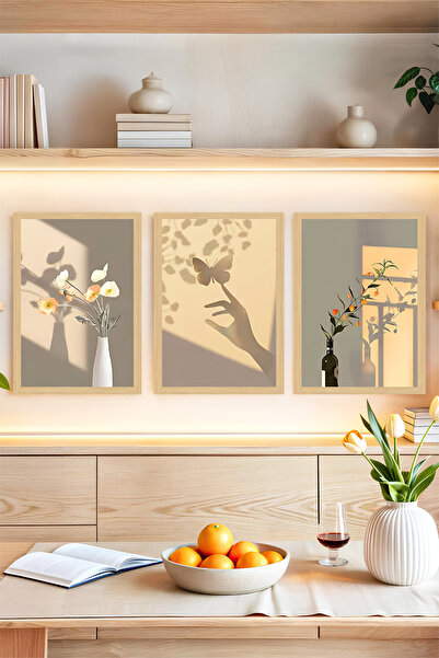 kutuTR 🌿 Gün Işığında Gölge Çiçekler ve Kelebek Temalı 3'lü Çerçeve Görünüml...