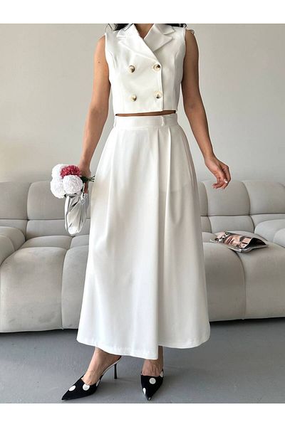 LOBOLIC Women's Stylish Double Breasted Crop & Long Skirt Set - Set of Two