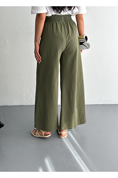 02Lady Fashion Gabardine Fabric Wide Leg Pants with Elastic Waist
