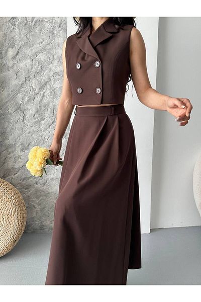 LOBOLIC Women's Stylish Double Breasted Crop & Long Skirt Set - Set of Two