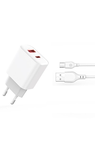 OEM Încărcător de perete, 3A, 20W PD+ QC 3.0, 1xUSB / 1xUSB-C + cablu Micro USB, alb