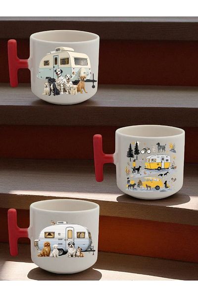 lili hediyelik Dog and Caravan Printed 3-Piece Ceramic Coffee Mug Mug Cup - Home Kitchen Office Workplace Utensil
