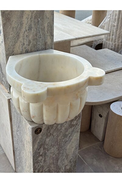 Polen Stone Şeker Mermer Hamam Kurnası – 42x25 cm | Kavun Dilimli, El İşçiliği