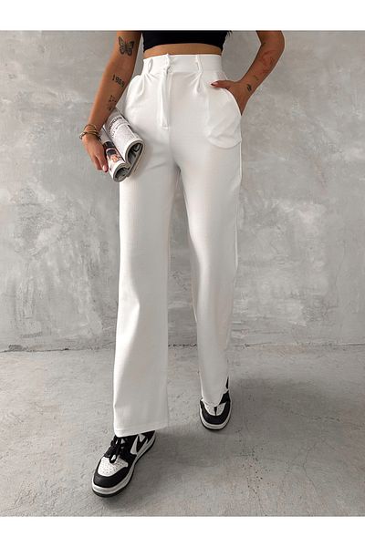 02Lady Fashion Pantaloni tricotați Palazzo plisați din Lycra cu închidere cu nasturi cu talie înaltă