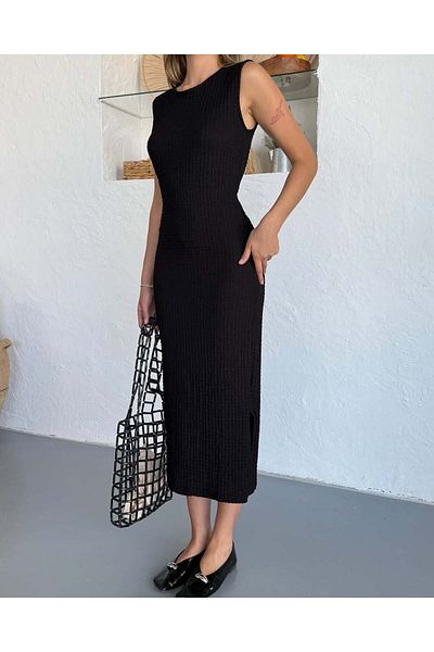 LEONE KOLEKSİYON Women's Slit Detailed Seersucker Fabric Midi Dress