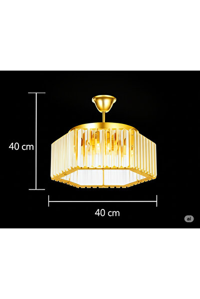 M Mediyamu Aydınlatma Altıgen Kristal Taşlı 40 cm Modern Sarkıt Gold Salon Çocuk Mutfak Hol Oda Avize