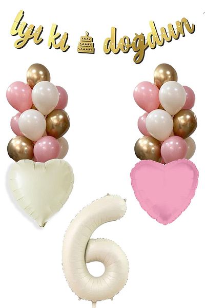 Atölye Mi 6 Year Old Girl Birthday Concept Retro Cream Number Happy Birthday Banner Balloon Chain Set