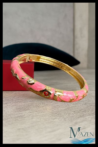 MAZEN Pink Enamel Handcuff Bracelet |   Flower Motif |   Spring Bracelet |   Elegant Model Accessory