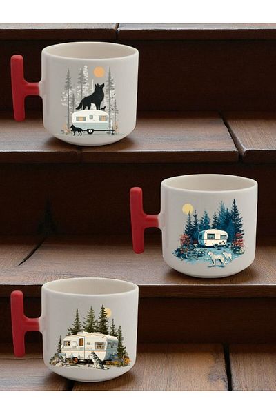 lili hediyelik Wolf and Caravan Printed 3-Piece Ceramic Coffee Mug Mug Cup - Home Kitchen Office Workplace Utensil