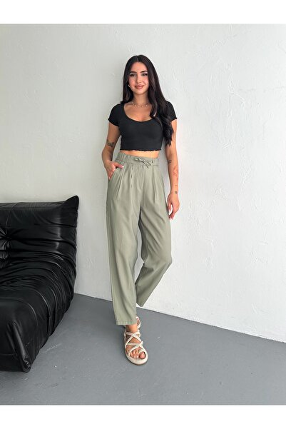 02Lady Fashion Soft Texture Waist Lace up Buttoned Modal Fabric Pants