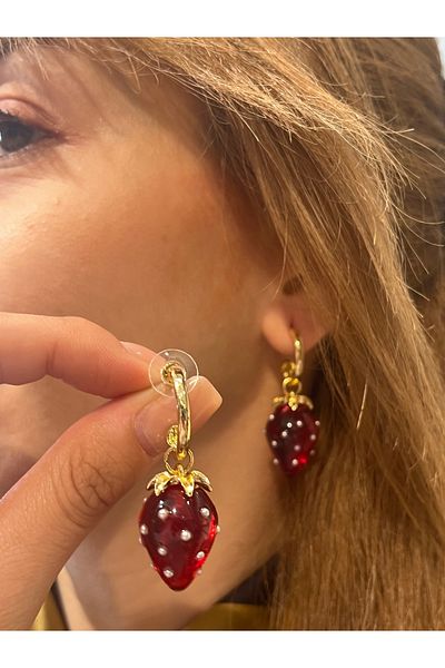 Accessories Vanilla Avenue Red Strawberry Themed Transparent Dangle Casual Women's Earrings with Golden Yellow Detail