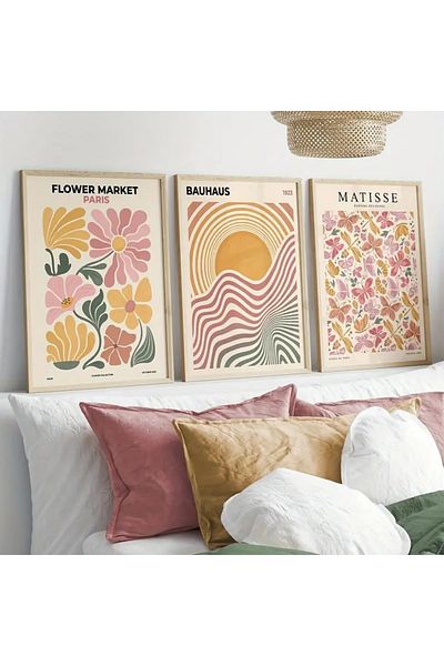 NT Handmade Σετ ζωγραφικής Bauhaus με αφηρημένο σχέδιο με φυσικό ξύλινο πλαίσιο UV εκτύπωσης 3 τεμαχίων – Μοντέρνα και κομψή διακόσμηση τοίχου
