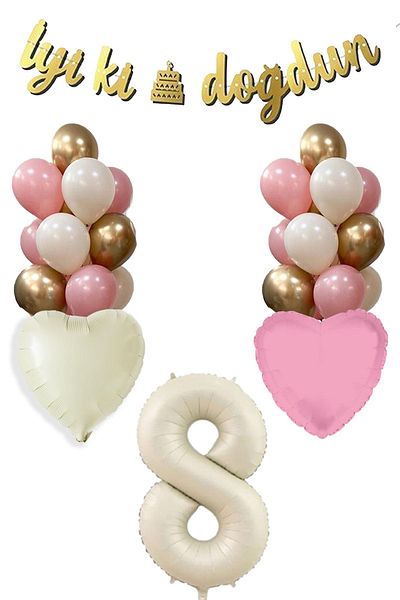 Atölye Mi 8 Year Old Girl Birthday Concept Retro Cream Number Happy Birthday Banner Balloon Chain Set