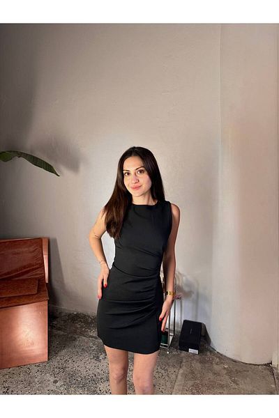aytenli O-Neck Lightweight Side Gather Detail Double Fabric Mini Length Pencil Dress