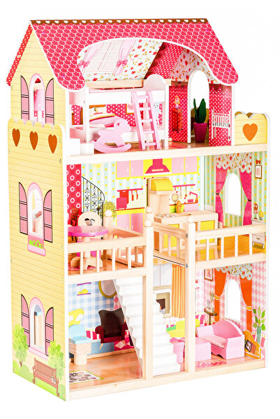 İSP Casuta de papusi din lemn 90 cm, "ISP RaspBerry Residence" cu 3 Etaje, 5 ...