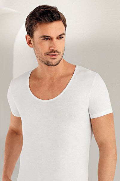 Şahinler Men's Short Sleeve Wide Collar Cotton Lycra Undershirt