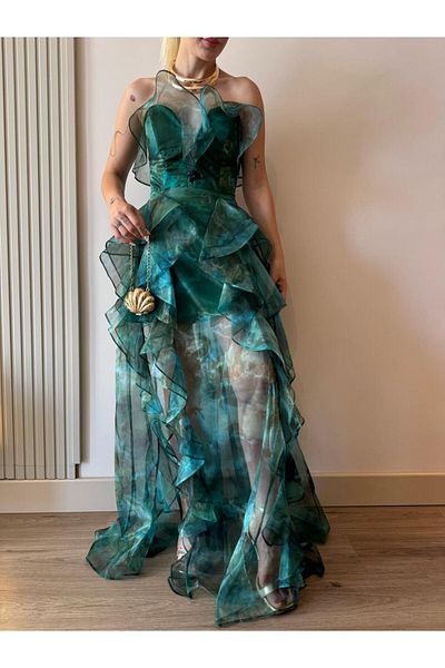 YK FASHION Stablez Chiffon Evening Dress with Ruffles