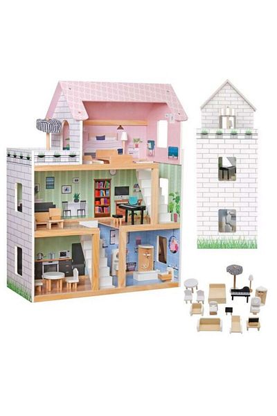 LikeSmart Casuta de papusi din Lemn MDF LittleONE XXL, Banda LED, 4 camere, balcon, 3 etaje, 80 cm,