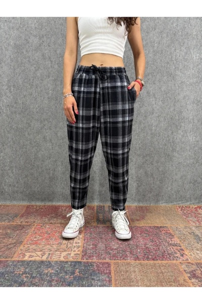 FıttingRoom Elastic Waist Carrot Pattern Plaid Trousers