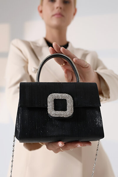 Encool Rochie de seară neagră de dimensiuni mici pentru femei - geantă de umăr cu un singur ochi, cu accesorii argintii și curea de mână și lanț