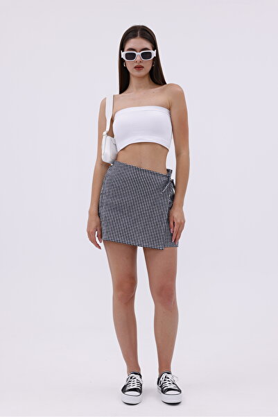 Sapientia Patterned Mini Shorts Skirt with Ribbon Tie, Gingham Patterned Mini Skirt, Side Tie Mini