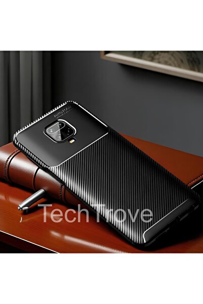 TechTrove Xiaomi Redmi Note 9 Pro Kılıf Kamera Korumalı Darbe Emici Karbon Fi...