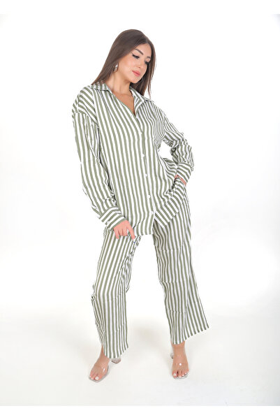 BRN Set cămașă și pantaloni din viscoză supradimensionat cu dungi alb kaki pe...