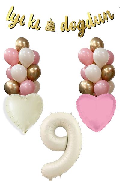 Atölye Mi 9 Year Old Girl Birthday Concept Retro Cream Number Happy Birthday Banner Balloon Chain Set