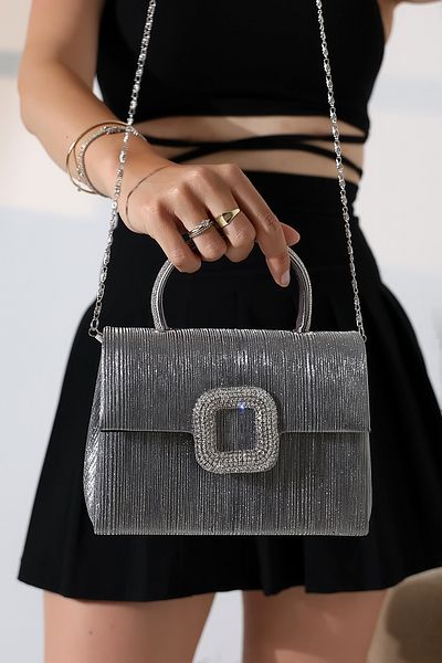 Encool Rochie de seară pentru femei de dimensiuni mici, argintie, geantă de umăr cu curea de mână și lanț cu un singur ochi, accesorii argintii