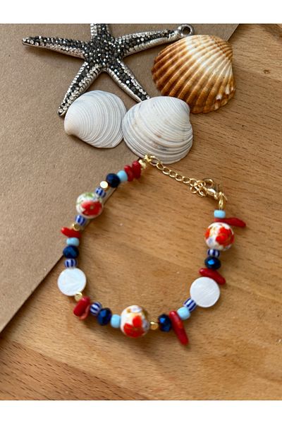 Naskosta Ceramic Flower Bracelet-Flower Ceramic,, Coral, Crystal Sand Bead Lacquer Coating