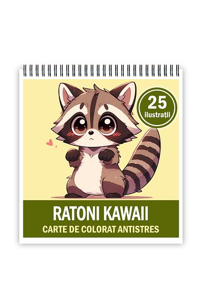 Legendary Gifts Mini coloring book for relaxation and anti-stress, 25 Kawaii Raccoons illustrations, 56 pages