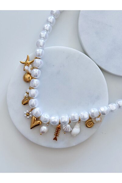 CHARMLUCKY ÇELİK CHARMLI İNCİ BONCUK KOLYE