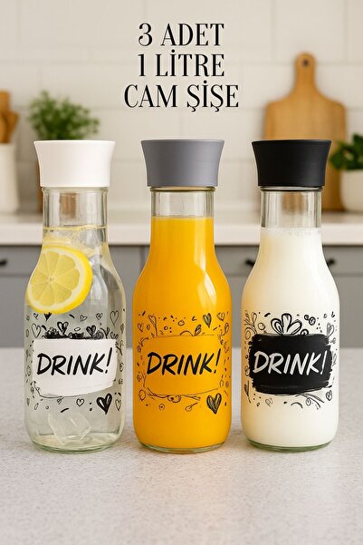 Tanemce 3 Adet Desenli Detoks Özellikli Cam Sürahi & Karaf Su Meşrubat Şişesi