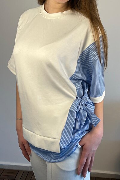 Ded COLLECTION Women's Tie-Up Shirt Detailed Short Sleeve Top and Carrot Pants Double Modal Suit