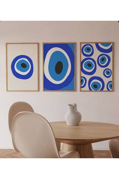 NT Handmade Set de 3 tablouri cu model de mărgele cu ochi rău cu imprimare UV cu rame din lemn natural – decor de perete modern și elegant