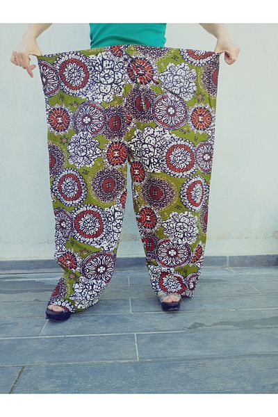 hoaryage Ethnic Patterned 100% Cotton Viscose Pressed Trousers with Elastic Waist38-48Size