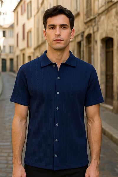 DAMGA JEANS Мъжка риза с къс ръкав, тъмносина, широка