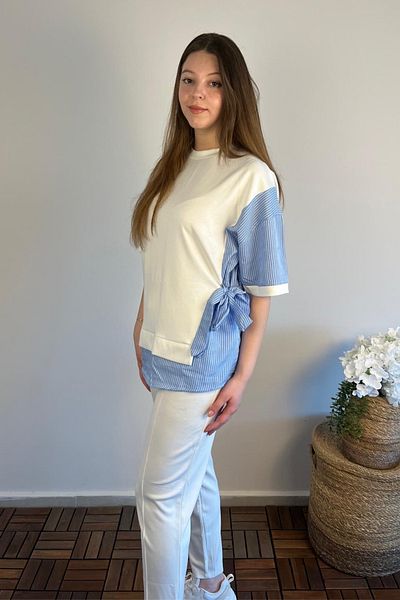 Ded COLLECTION Women's Tie-Up Shirt Detailed Short Sleeve Top and Carrot Pants Double Modal Suit