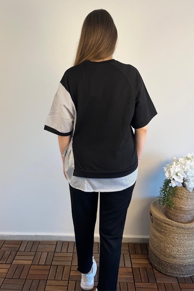 Ded COLLECTION Női nyakkendős ing részletes rövid ujjú felső és sárgarépa nadrág kétrészes modális szett