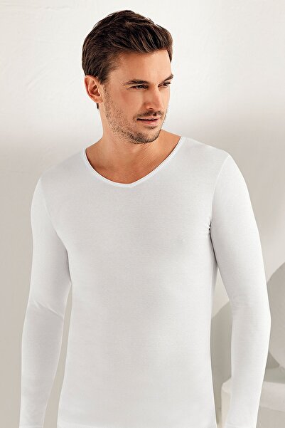 Şahinler Men's Long Sleeve V-Neck Lycra Single Jersey Undershirt