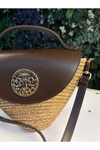 MaVaux Κομψή τσάντα Zuma από ψάθα και δέρμα μεικτού τύπου με σταυρωτή σχεδίαση