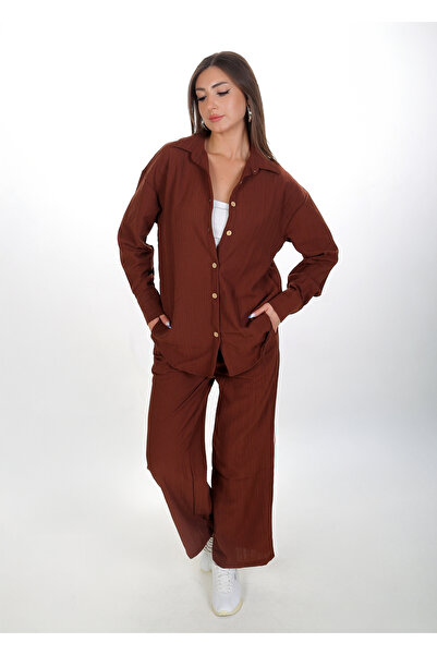 BRN Women's Brown Loose Polyester Shirt Pants Set - Summer Casual Two-Piece Set