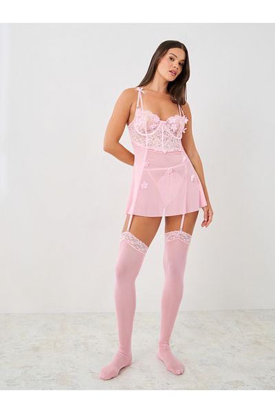 Styli Floral Applique Lace Babydoll with Thong and Stockings