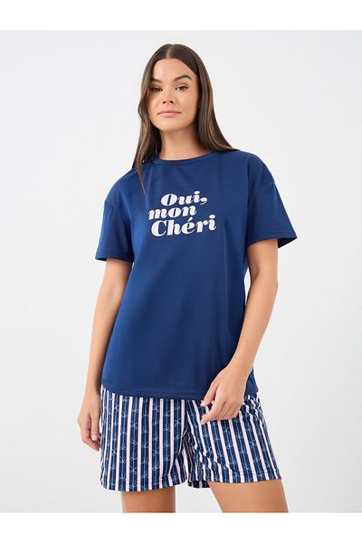 Styli Slogan Print T-Shirt and Striped Shorts Pyjama Set