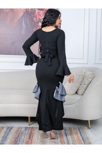 Nice Model Elegant Black Evening Dress Long Sleeve Ruffle Hi-Low Formal Gown Party Wear