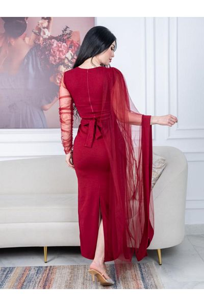 Nice Model Elegant Long Sleeve Crepe Evening Dress with Draped Tulle Shawl - Formal Occasion Gown